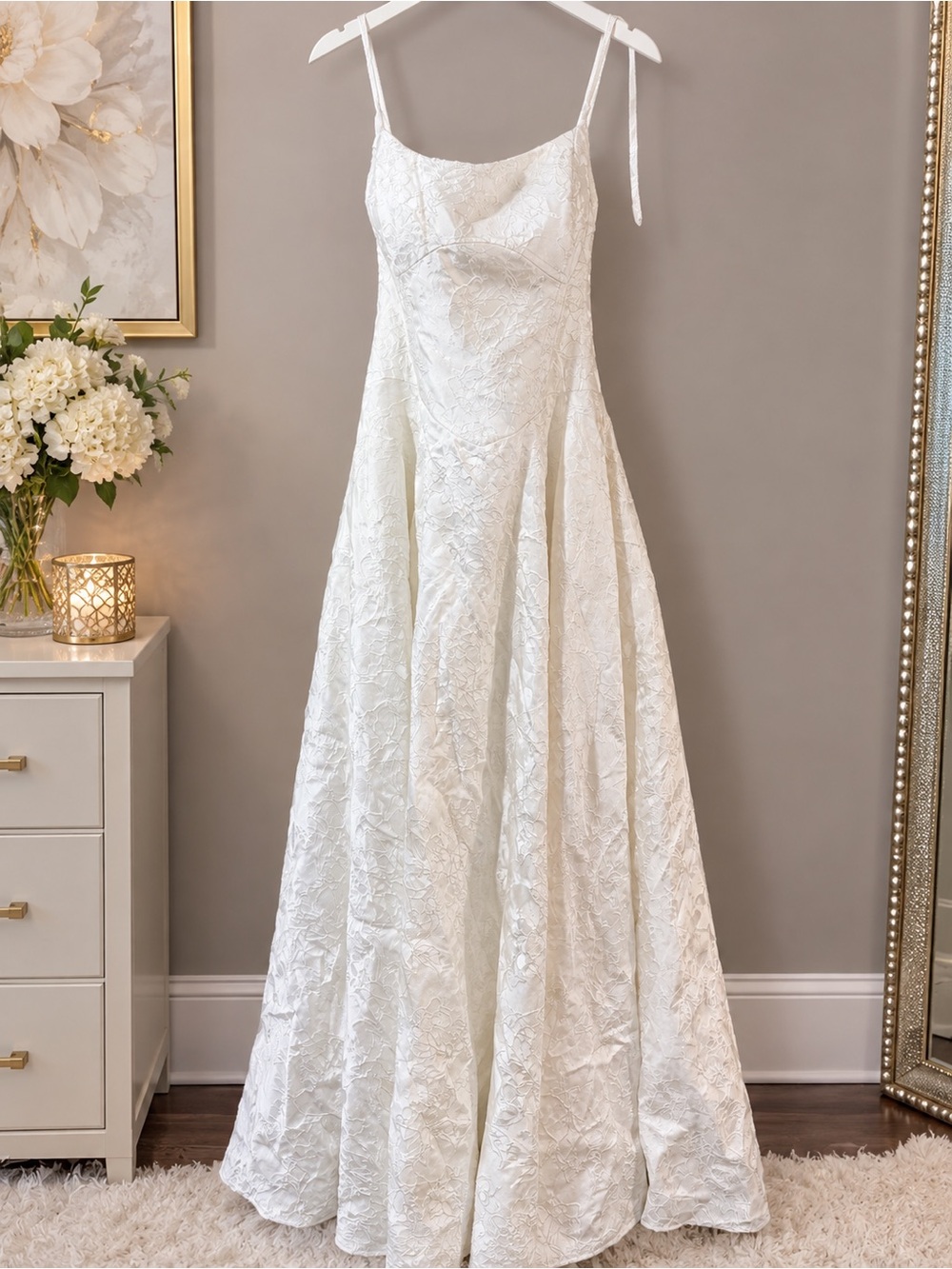 Elegant White Lace Spaghetti Strap A-Line Dress